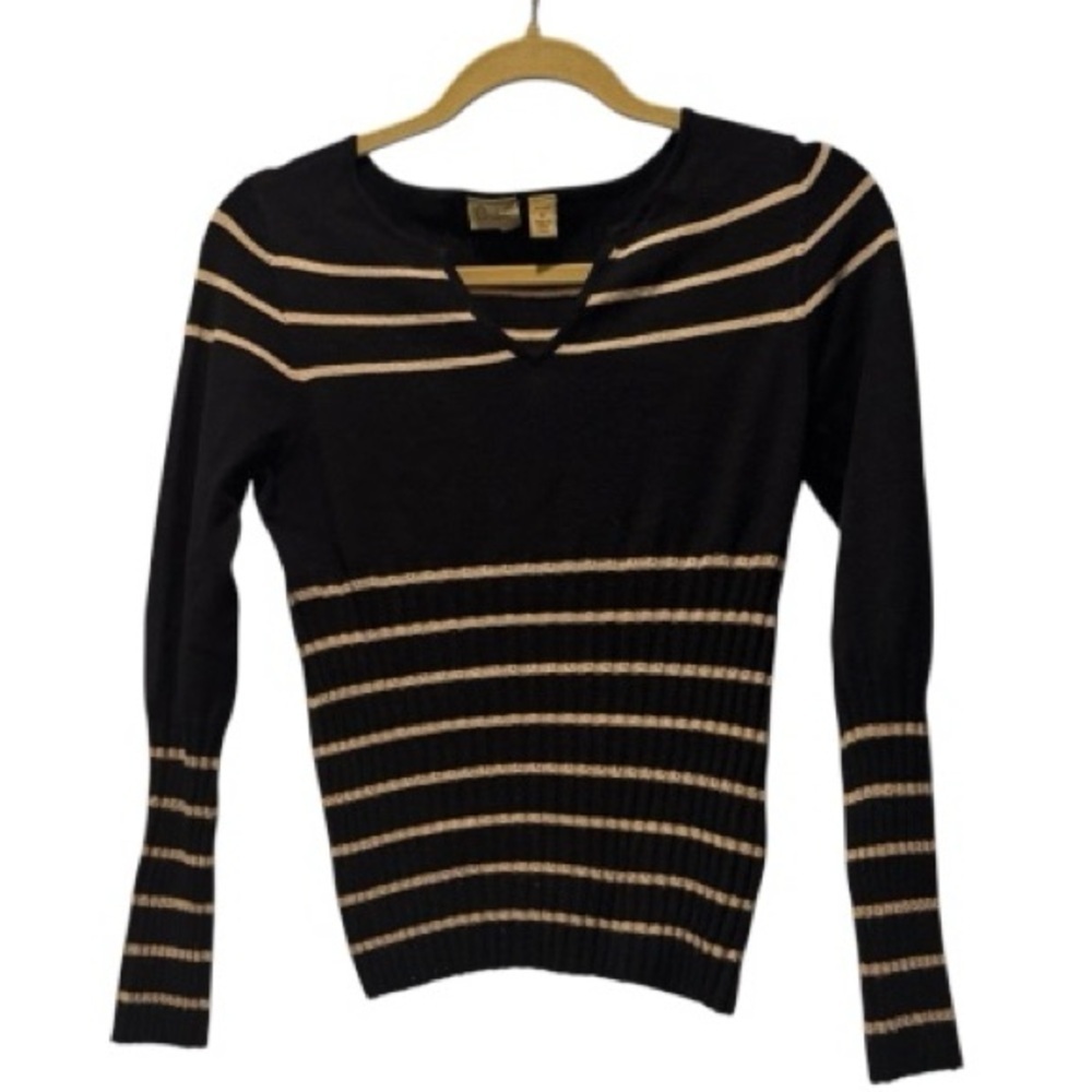 Caslon Striped Knit Sweater Black Cream | V-Neck Long Sleeve | MP